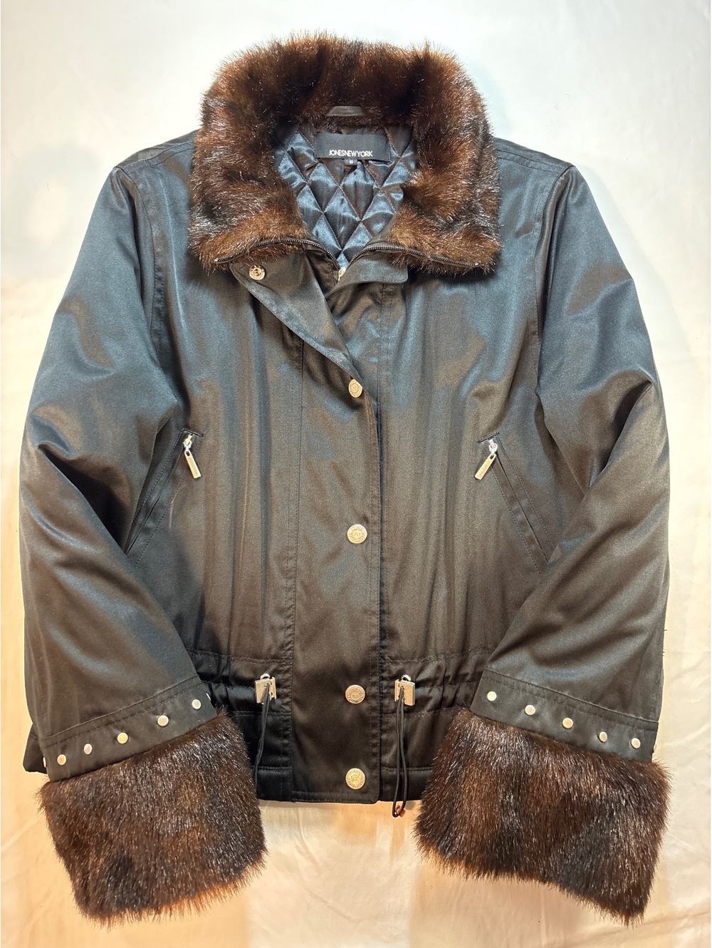 Jones New York Faux Fur Collar Cuff Jacket Black Y2K Quilted Women’s Coat